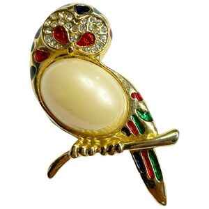 Vintage Owl Brooch Gold and Multicolor Enamel Faux Pearl Jelly Belly